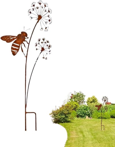 Tuindecoratie Stakes - Bijen Paardebloemen - Tuin Verfraaien - Roestige Sfeer - 35 cm - Roestkleur