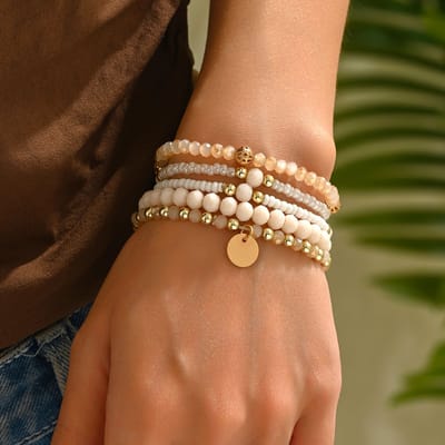 5 stuks Damesarmbandenset - Bohemian stijl - Stapelbare kralenarmbanden - Sieraden met kristallen - 6 cm - Geschikt als feestelijk cadeau en accessoire voor dames - Abrikoos