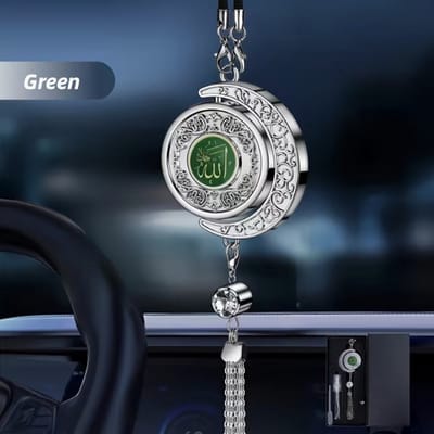 Luxe Islamitische Auto Parfum Hanger - Ster & Maan met Arabische Kalligrafie - Hervulbaar Geurflesje voor Autospiegel - Inclusief Geschenkdoos - Groen
