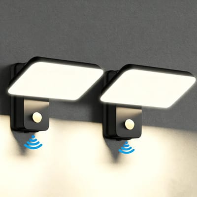 2 stuks wandlamp voor buiten met bewegingssensor, IP65 waterdichte zwarte lamp, met draaibaar LED-paneel, 3000K warmwit, moderne decoratieve wandlamp voor binnen en buiten garage, terras, veranda, tuin (Vereist aansluiting op een stroombron)