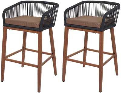 Set van 2 Touw barkrukken MCW-O22, buiten zitkussen touw vlechtwerk metaal hout-look ~ antraciet, kussen taupe