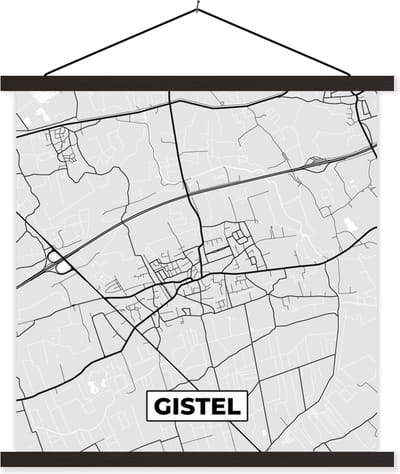 Posterhanger incl. Poster 60x60 cm - Schoolplaat - Stadskaart – Plattegrond – België – Zwart Wit – Gistel – Kaart - Textielposter - Zwarte latten - Stadskaart