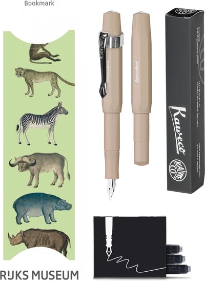 Kaweco - Vulpenset - 4delig - Vulpen Sport Skyline Macchiato Fountain Pen - Medium - Nostalgic Octagonal Clip Chrome - Doosje zwarte vullingen - Bekking & Blitz Boekenlegger -nr26