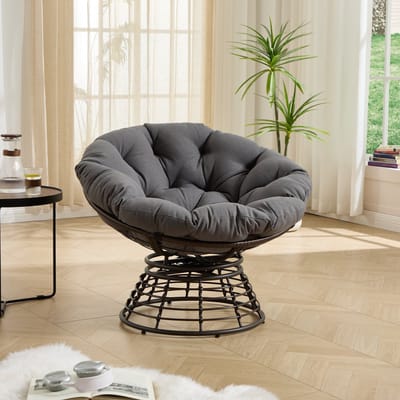 Wishdor Papasan stoel - 360° draaibaar - Ergonomische cirkelvorm - Moderne stijl - Woonkamer - Staal en PE-rattan - Grijs - Dia. 92 x 67 cm