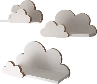 MOLILAND Wolkenrek voor babykamer, set van 3 stuks, wandrek voor kinderkamer in wit, rek wolk van hout in Scandinavische stijl, zwevende plank, wanddecoratie met bevestigingsset