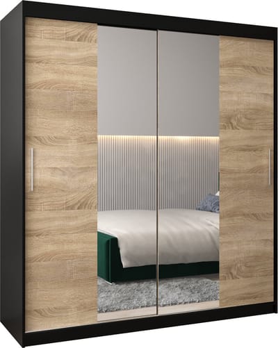 InspireMe - Kledingkast met 2 schuifdeuren, Modern-stijl, Kledingkast met planken (BxHxD): 180x200x62 - TORM I 180 Zwart Mat + Sonoma Eik