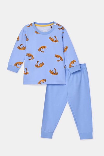 Woody pyjama baby jongens - lichtblauw - tijger all-overprint - 261-10-PLC-Z/906 - maat 74