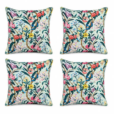 Set van 4 Kussenhoezen 45x45 cm | Sierkussenhoes | Katoen Canvas Kussenhoes | Botanische Bloemen- en Vogelprint | Digitale Print Cushion Covers | Mintgroen Multicolor
