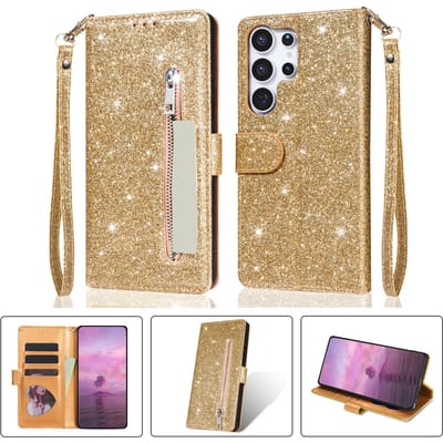 Mode Glanzende Portemonnee Kaartsleuven Flip Lederen Hoesje Voor Samsung Galaxy S26 Ultra S25 Plus S24 FE S23 A16 A17 A36 A37 A55 A56 A57 Samsung S23 goud