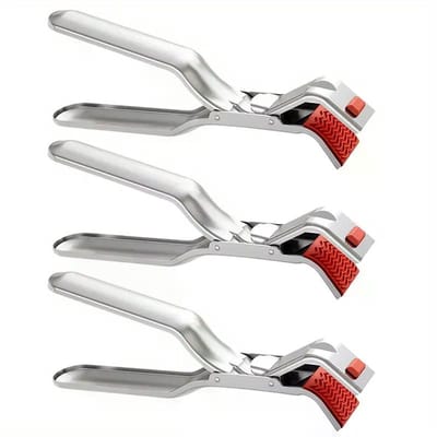 Daity 3-delige hittebestendige keukenklemmen van roestvrij staal - antislip ovengreephouder met komgrijper met ergonomische rode rubberen grip, 2-in-1 stomende groenteklemmen voor grillen, buiten koken, borden en warme gerechten, grillaccessoires, st
