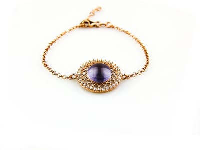 model Rondo armband in zilver roze verguld met tussenstuk paarse cabochon en cubic zirconia