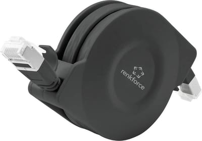 Renkforce RF-4476386 RJ45 Netwerkkabel, patchkabel CAT 6A U/FTP 1.50 m Zwart Platte uitvoering, Incl. oproller 1 stuk(s)