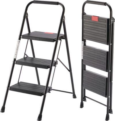 Opvouwbare Huishoudladder 3 Treden – Antislip Metalen Trapladder met Stevige Structuur – Compact en Draagbaar
