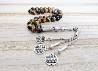 Handgemaakte tesbih "tasbih" natuursteen "Tijgeroog" - Aantal kralen 33 - Diameter kralen 10 MM - met metaal tassel "model 13" - Een mooi cadeau-idee