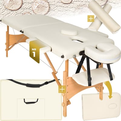tectake® 2-zone-massagetafel - Draagvermogen tot 250 kg - Mobiele massagebank - Set met rolkussens - Houten frame - Behandelbank - Inclusief draagtas - Cosmetische stoel - In hoogte verstelbaar - Afmeting (LxBxH) 210x95x62 - 84 cm - Beige
