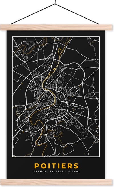 Posterhanger incl. Poster 40x60 cm - Schoolplaat - Kaart - Frankrijk - Plattegrond - Poitiers - Stadskaart - Textielposter - Blanke latten - Stadskaart