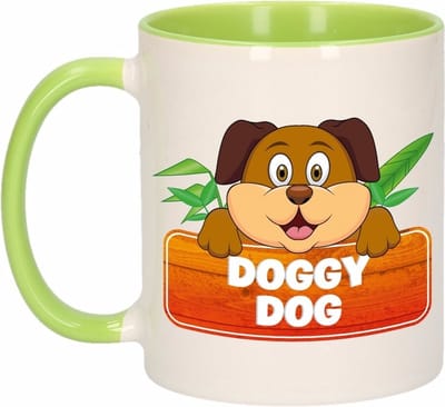 Koffie mok - Doggy Dog hondenprint - groen wit - 300 ml - keramiek - kinder mok