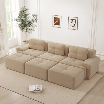 REDOM Modulaire 3-zits L-vormige frameloze hoekbank van ribstof met slaapfunctie – Diepe zit 74 cm – Loungebank & slaapbank voor woonkamer – Wolkvormig comfort – Beige – 293x177x69 cm
