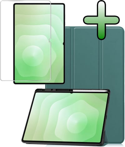Hoesje Geschikt voor Samsung Galaxy Tab S11 Ultra - Met Screenprotector - Trifold Bookcase - Hard Cover Case - Met Uitsparing Geschikt voor S Pen - Hardcover Book - Tablet Hoes - Donkergroen