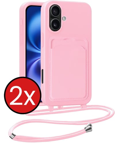 Hoesje Geschikt voor iPhone 16 Plus Hoesje Met Telefoonkoord en Pasjeshouder Siliconen - Hoes Geschikt voor iPhone 16 Plus Hoesje Met Kaarthouder Case - Lichtroze - 2 PACK