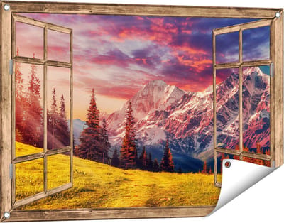 Gards Tuinposter Doorkijk Alpen Landschap met een Kleurrijke Hemel - 90x60 cm - Tuindoek - Tuindecoratie - Wanddecoratie buiten - Tuinschilderij