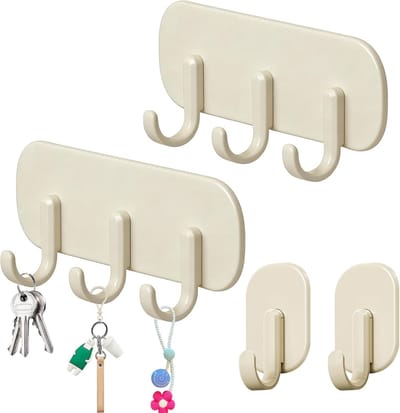 4 crèmekleurige magnetische haken (2 met 3 haken, 2 met 1 haak), geen boren nodig, sterke magneet, voor handdoeken, sleutels, schorten, keukenorganisatie, koelkast| Cyslmuk®