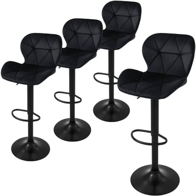 Set van 4 barkrukken zwart fluwelen bekleding met rugleuning en voetensteun in hoogte verstelbaar 59-79cm ML-Design