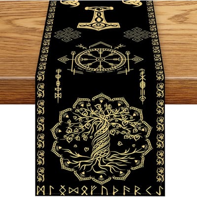Nordische Viking Zwart Goud Mythologie Tafelkleed Huis Tafeldecoratie Herbruikbaar Boerderij Keuken Eettafelkleed Feestdecoratie 150x33cm