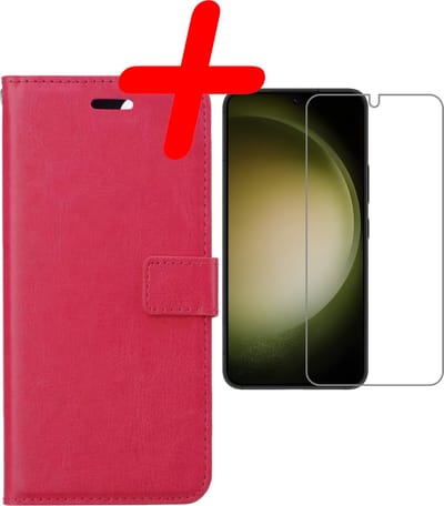 Hoesje Met Screenprotector - Geschikt voor Samsung Galaxy S23 - Luxe Pasjeshouder - Bookcase Portemonee - Flip Case - Kunstleer Book Case - Flipcase - Book Cover - Walletcase - Portemonneehoes - Donkerroze