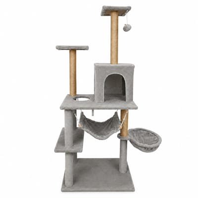 Krabpaal voor katten - met huisje, hangmat en ligmand - grijs - pluche, sisal, MDF - 93x45x133 cm