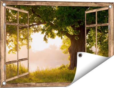 Gards Tuinposter Doorkijk Eikenboom aan het Water met Volle Bladeren - 60x40 cm - Tuindoek - Tuindecoratie - Wanddecoratie buiten - Tuinschilderij