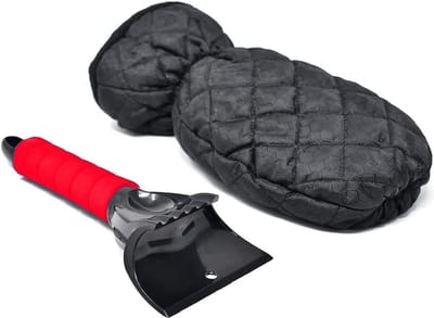 IJskrabber voor de auto met handschoen, voorkomt de wind, met waterdichte fleece gevoerde handschoen, sneeuwschep voor de auto, winter, met schuimgreep (rood, ijskrabber + handschoen)