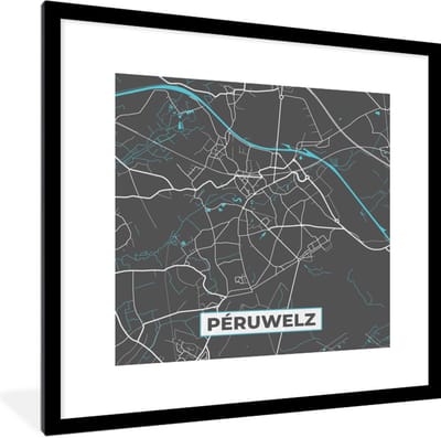 Fotolijst incl. Poster - Stadskaart – Grijs - Kaart – Péruwelz – België – Plattegrond - 40x40 cm - Posterlijst