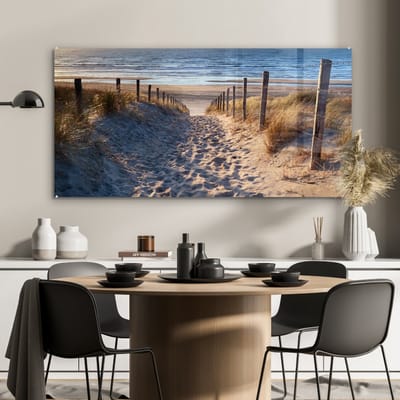 MuchoWow® Glasschilderij - Strand - Zee - Nederland - Duinen - Zon - 120x60 cm - Strand decoratie - Acrylglas Schilderijen - Foto op Glas