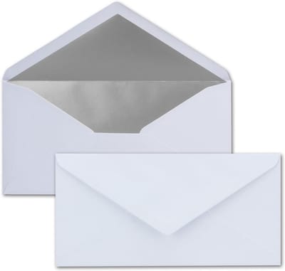 100 Witte Enveloppen DIN Lang met Zilver Metallic Voering - 110x220 mm