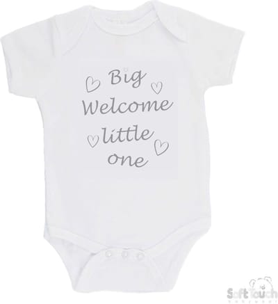 Soft Touch Romper "Big welcome little one" Unisex Katoen Wit/grijs Maat 56/62