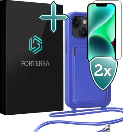 Hoesje Geschikt voor iPhone 13 Pashouder Case Siliconen Hoes Met Koord Met 2x Screenprotector - Hoes Geschikt voor iPhone 13 Met Telefoonkoord Hoesje Back Cover Met Pasjeshouder - Felblauw