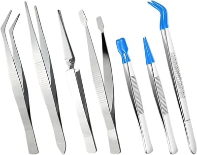 Precisiepincetten Set - Roestvrij Staal - Precisie Werk - Met Rubberen Punten - 7 Stuks - Zilver