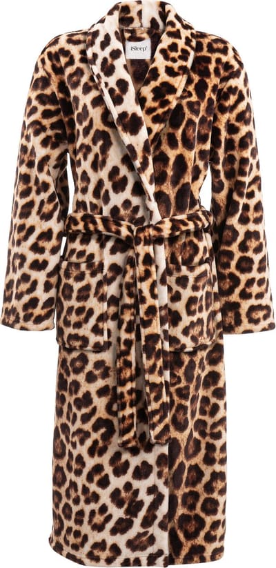 iSleep Badjas - Luipaard Print - Zachte Fleece - Lang Model - Maat S - Bruin
