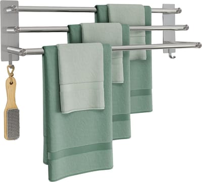 Multifunctionele Handdoekhouder zonder Boren van RVS - Wandrek met 3 Stangen en 2 Haken voor Badkamer en Keuken, 60 cm Lang en Zelfklevend