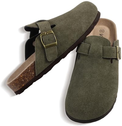 Unisex clogs – Koe suède – Comfort slippers – Houten clogs – militair groen - 37 - Geschikt voor een voetlengte van 23,2 cm