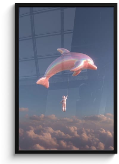 Poster in lijst - Fotolijst 60x90 cm - Posters - Dolfijn - Roze - Astronaut - Posterlijst zwart - Decoratie - Wanddecoratie woonkamer - Muurdecoratie slaapkamer