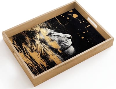 Dienblad hout 40x30 cm - Schootdienblad - Portret - Leeuw - Abstract - Goud - Borrelplank rechthoek - Plateau dienbladen