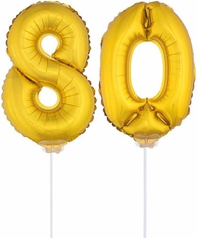 80 jaar leeftijd feestartikelen - versiering cijfers - ballonnen op stokje - van 41 cm - Combi van cijfer 80 - in het goud