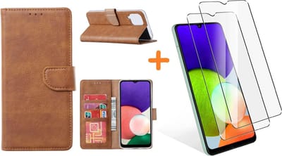 Hoesje Geschikt Voor Samsung Galaxy A22 4G hoesje bookcase Bruin Met screenprotector / 2X tempered glass