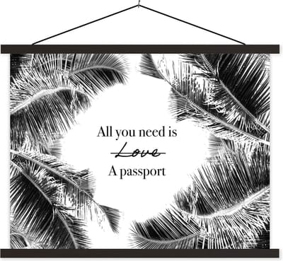 Posterhanger incl. Poster 40x30 cm - Schoolplaat - Spreuken - Quotes - All you need is a passport - Reizen - Textielposter - Zwarte latten