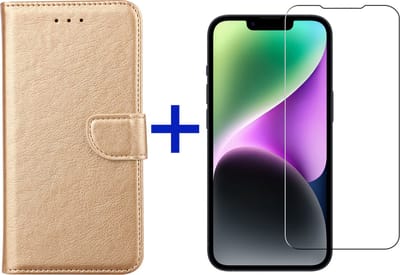 iPhone 14 Plus hoesje bookcase met pasjeshouder + screenprotector voor iPhone 14 Plus - Goud