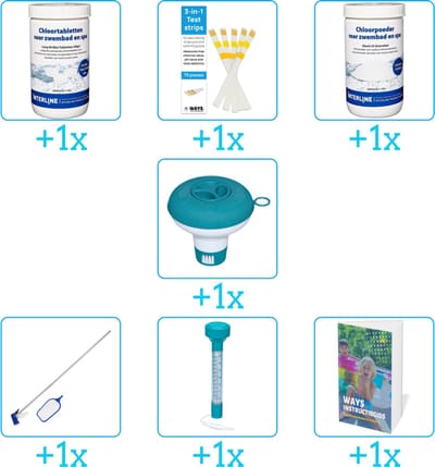 Zwembad Onderhoudspakket - Onderhoud Zwembad - bevat Chloor - Testrips - Chloor - Chloordrijver - Schoonmaakset - Thermometer en Zwembadgids (7-delig)