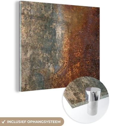 MuchoWow® Glasschilderij 50x50 cm - Schilderij acrylglas - Staal - Roest - Oud - Oranje - Grijs - Patroon - Abstract - Foto op glas - Schilderijen