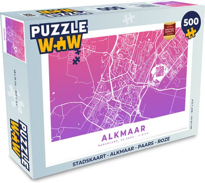 Puzzel Stadskaart - Alkmaar - Paars - Roze - Legpuzzel - Puzzel 500 stukjes - Plattegrond
